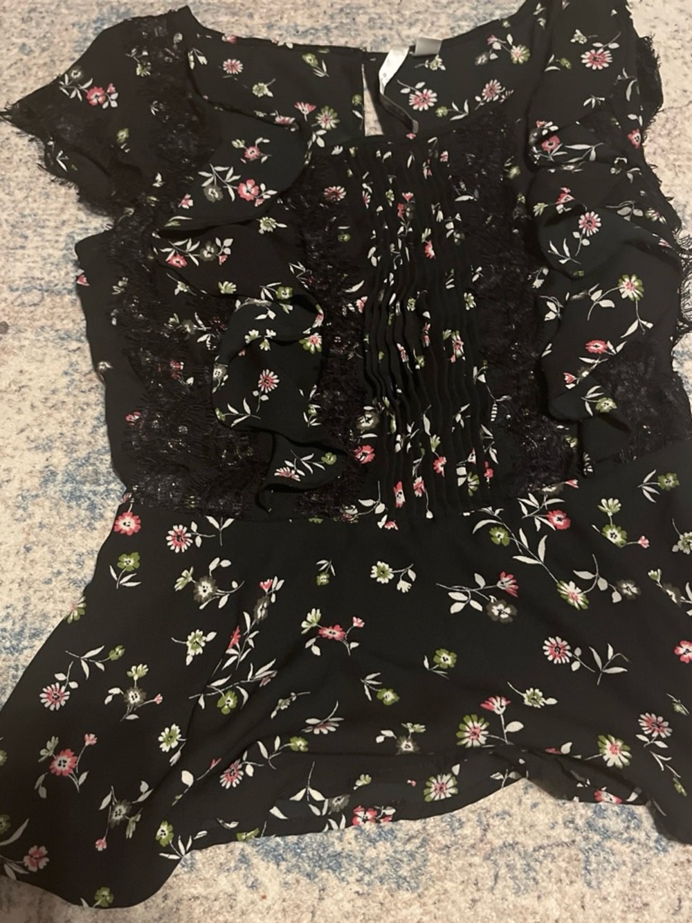 LC Lauren Conrad Black Floral Pintuck Ruffle Blouse